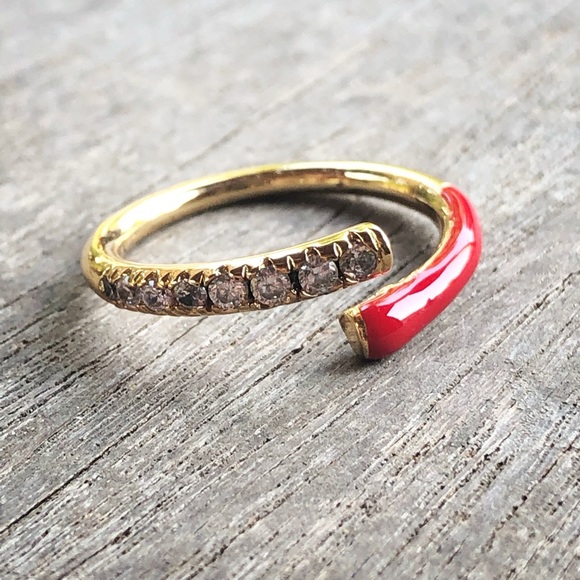 YG Plated Red Enamel CZ Adjustable Ring - Picture 2 of 8